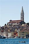 Old Town seafront houses and Cathedral of St. Euphemia dating from 1736, Rovinj, Istria Coast, Croatia, Europe