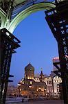 St. Sophia Russian Orthodox Church seen through arches illuminated at night, built in 1907 in the Daoliqu area, Harbin, Heilongjiang Province, Northeast China, China, Asia