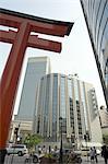 Tori gate, skyscrapers, Kobe city, Kansai, Honshu island, Japan, Asia