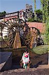 A Bai girl carrying buckets of water in front of a water wheel in Lijiang Old Town, UNESCO World Heritage Site, Yunnan Province, China, Asia