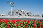 Flowers and The Birds Nest National Stadium designed by Herzog and de Meuren in the Olympic Green, Beijing, China, Asia