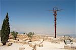 Memorial cross and church ruins, Moses Memorial Church, Mount Nebo, East Bank Plateau, Jordan, Middle East