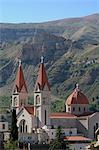St. Saba church, red tile roofed town, Bcharre, Qadisha Valley, North Lebanon, Middle East