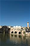 Mosquée et roues hydrauliques sur la rivière Oronte, Hama, en Syrie, Moyen Orient