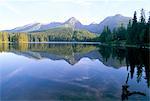 Štrbské pleso (lac) et les sommets des montagnes de Vysoké Tatry au lever du soleil, Vysoke Tatry, Slovaquie, Europe