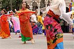 Malay female dancers wearing traditional dress at celebrations of Kuala Lumpur City Day Commemoration, Merdeka Square, Kuala Lumpur, Malaysia, Southeast Asia, Asia