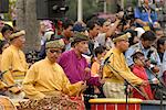 Malay men wearing traditional dress, playing drums at celebrations of Kuala Lumpur City Day Commemoration, Merdeka Square, Kuala Lumpur, Malaysia, Southeast Asia, Asia