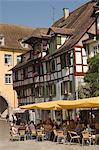 Pavement cafe in main square, traditional architecture, Meersberg, Baden-Wurttemberg, Lake Constance, Germany, Europe