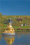 The Shrine Pond and Monastery Gateway, Kagyu Samye Ling Monastery and Tibetan Centre, Eskdalemuir, Dumfries and Galloway, Scotland, United Kingdom, Europe