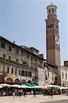 Tower Lombardy, 83 metres high, and the market in Piazza della Erbe, Verona, Veneto, Italy, Europe