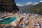 View over the aft pool and sundeck, Flaams, Fjordland, Norway, Scandinavia, Europe