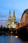 Cologne cathedral, UNESCO World Heritage Site, and Hohenzollern bridge at night, Cologne, North Rhine Westphalia, Germany, Europe