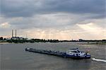 Cargo boat on the River Rhine, Dusseldorf, North Rhine Westphalia, Germany, Europe