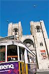 Electrico (electric tram) in front of the Se Cathedral, Lisbon, Portugal, Europe