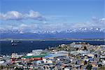 Boats float in the Beagle Channel, the capital of Tierra del Fuego province, Ushuaia, Argentina, South America