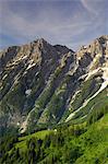 View of the Hoher Goll mountain range from the Rossfeld Panoramastrasse (Rossfeldhoehenringstrasse or Panoramic Highway), Berchtesgaden, Bavaria, Germany, Europe