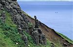 Rocky east coast of Trotternish and passing boat, Raasay in the background, Isle of Skye, Inner Hebrides, Scotland, United Kingdom, Europe