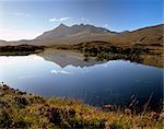 Loch nan Eilean, Sgurr nan Gillean, 964 m, plage de Black Cuillins près de Sligachan, Isle of Skye, Hébrides intérieures en Écosse, Royaume-Uni, Europe