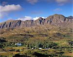 Lochassynt lodge, near Loch Assynt, and Quinag massif of Torridonian sandstone, Sutherland, Highland region, Scotland, United Kingdom, Europe