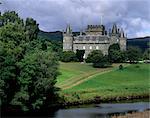 Inveraray Castle and River Aray, Argyll, Scotland, United Kingdom, Europe