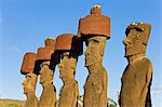 Anakena beach, monolithic giant stone Moai statues of Ahu Nau Nau, four of which have topknots, Rapa Nui (Easter Island), UNESCO World Heritage Site, Chile, South America