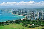 View over coast north west from lookout on crater rim of Diamond Head, over Kapiolani Park and city of Waikiki, Oahu, Hawaii, United States of America, Pacific, North America