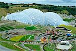 The Humid Tropics biome at the Eden Project, a huge global garden with large hot houses opened in 2001 in a china clay pit, near St Austell, Cornwall, England, United Kingdom, Europe