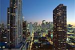 Looking south down Rush and Wabash Street in the evening, Chicago Place on the left, Near North of downtown area, Chicago, Illinois, United States of America (USA), North America