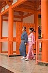 Young couple in kimono visiting Shinto shrine