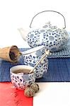 Ensemble de thé de style asiatique en jacquard bleu et blanc