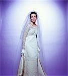 1960s YOUNG WOMAN BRIDE PORTRAIT BRIDAL VEIL EMPIRE WAIST GOWN LACE BODICE