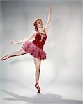 1960s AWKWARD TEEN GIRL RED VELVET COSTUME PINK NET TUTU ATTEMPTING ARABESQUE EN POINTE