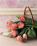 BASKET OF PINK TULIPS AND RIBBON