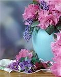 BLUE VASE WITH AZALEAS AND VIOLETS