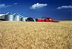 SILVER FARM SILOS AND RED MACHINERY IN NEBRASKA WHEAT FIELD