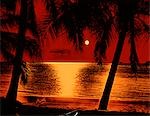 1960s 1970s RED YELLOW POSTERIZED SUNSET SILHOUETTED PALM TREES TROPICAL BEACH