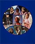 1970s MONTAGE OF DIFFERENT ETHNIC FACES ARRANGED IN SECTIONS OF A GLOBE TO SHOW DIVERSITY