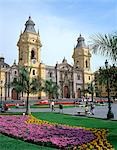 LIMA, PERU LA CATHEDRAL ON PLAZA DE ARMAS WITH FLOWER BEDS