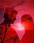1970s ROMANTIC COUPLE MAN WOMAN SILHOUETTED AGAINST TREE RED SUNSET