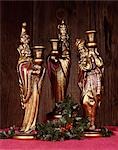 STATUES OF THE THREE WISE MEN KINGS MAGI AND A SPRIG OF HOLLY