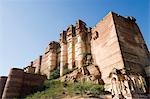 Vue faible angle d'un fort, Fort de Meherangarh, Jodhpur, Rajasthan, Inde