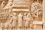 Détails des sculptures sur un mur, Sanchi, Bhopal, Madhya Pradesh, Inde