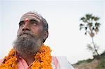 Close-up of a sadhu thinking, Hampi, Karnataka, India