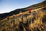 Groupe de cyclistes de montagne sur le sentier de saleté, près de Steamboat Springs, comté de Routt, Colorado, Etats-Unis