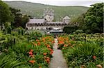 Glenveagh National Park, County Donegal, Ireland; Flowering Irish garden with castle in background