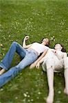 Two women laying in the grass