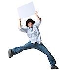 Man jumping holding blank sign