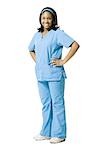 African-American nurse in blue scrubs