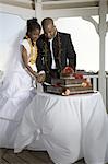 Bride and groom cutting their wedding cake