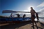 A surfboat crew readies their boat on Cronulla Beach in Sydney. Surfboats are the original rescue craft of Australian lifesavers but are now only used for competitive racing.